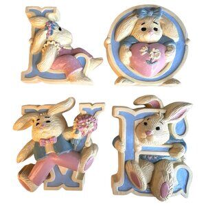 VTG 1992 Burwood Bunny Rabbit LOVE Wall Hanging Decoration Plaques Set Pink Blue